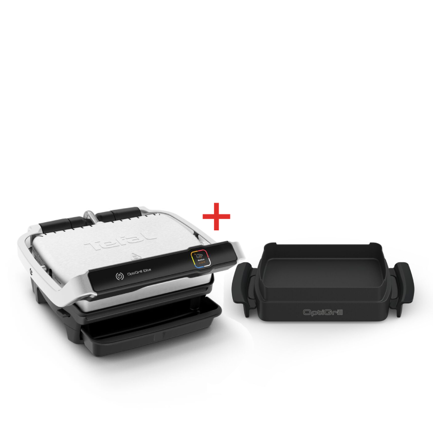 Tefal OptiGrill Elite plus Snack & Backzubehör Kontaktgrill Produktset 16 automatische Kochprogramme mit passender Backschale für Backfunktion