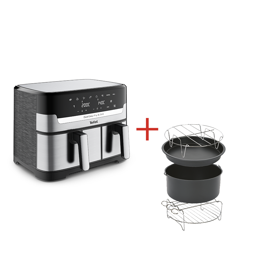 Tefal Dual Easy Fry & Grill Edelstahl im Set mit passendem Zubehör Heißluftfritteuse inkl. Kuchenform Pizzaschale Spieß-Rack und Metallhalter