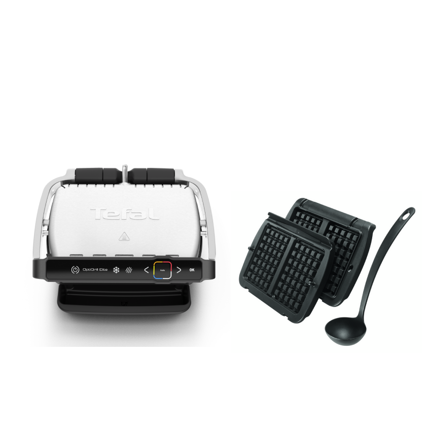 Tefal OptiGrill Elite plus Waffelplatten Kontaktgrill 16 automatische Kochprogramme inklusive OptiGrill-Waffelplatten für belgische Waffeln